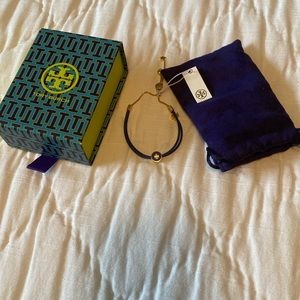 Brand New Tory Burch Kira Enamel Gold and Leather Slider Bracelet